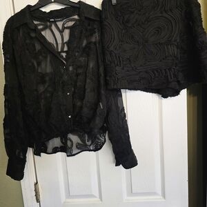 Zara Black Sheer Floral Blouse + Matching Skort